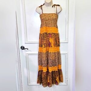 Envy Me  Mustard Yellow Multicolor Floral Smocked Tiered Boho Maxi Dress,Medium